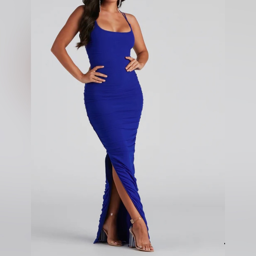 Formal ruched high slit dress